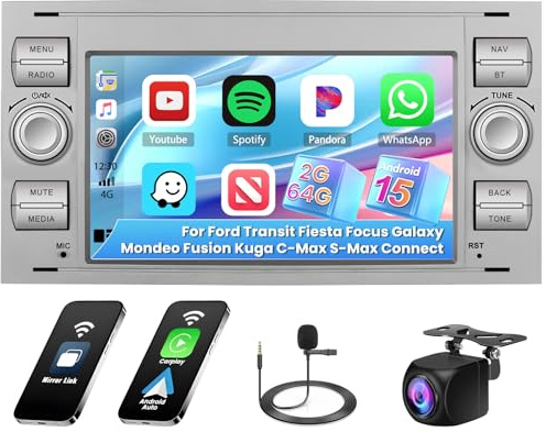 [2G+64G] Hikity Autoradio Navi Für Ford Transit Fiesta Focus Mondeo Galaxy S-Max Android 13 Wireless Carplay 7 Zoll Bildschirm Radio mit Android Auto FM RDS DSP GPS WiFi Rückfahrkamera (Weiß)