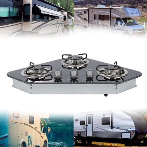 BLSYHDH Cuisinière à Gaz pour Camping-car, 3 Brûleurs de Poêle à Allumage électronique au Gaz GPL, Panneau en Verre trempé de Puissance de 1,8 KW, Table de Cuisson Facile à