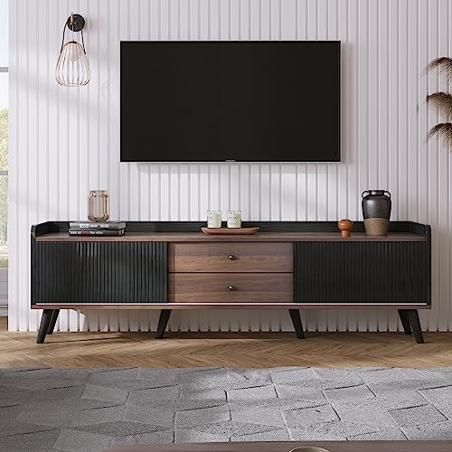 MSMOK TV-Schrank mit Zwei Schubladen, Fernsehtisch TV Board, TV- Lowboard niedrige Platte mit Zwei Schiebetüren. Exquisite Textur. Natürliches Holzfarbe. H58/L160/T40 cm (Schwarz und Holz)