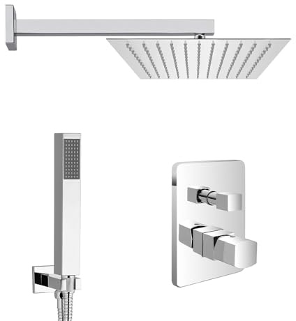 Set doccia da incasso completo di miscelatore con deviatore, braccio con soffione 30x20 cm e kit con doccino, presa acqua e flessibile, LOTUS