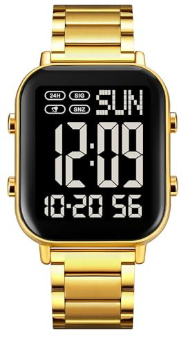 FANMIS Classic Unisex Digital Sports Watches Women's Men's Multifunctional Watch Stainless Steel Band Square Big Numbers Dial Waterproof Electronic Led Watch (Gold Black)