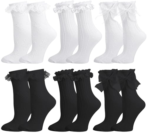 Utensilsto 6 Paar Trachtensocken Damen 35-39 Rüschen Socken Schwarze, Weiß