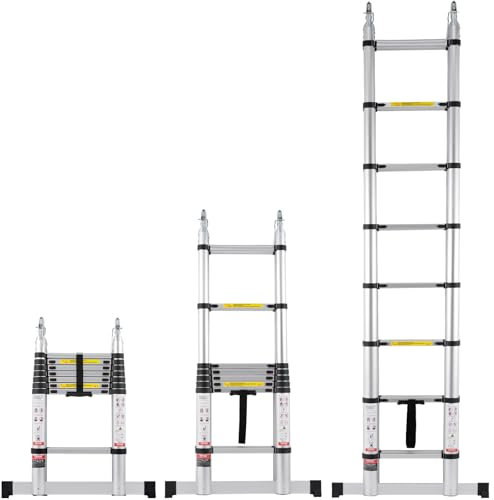 VEVOR Scala Telescopica a Forma di A da 5029,2 mm Scala Estensibile in Alluminio, Capacità di 170 kg Scala Pieghevole con Retrazione Multi-pulsante, con Barra Stabilizzatrice, per Camper, Roulotte