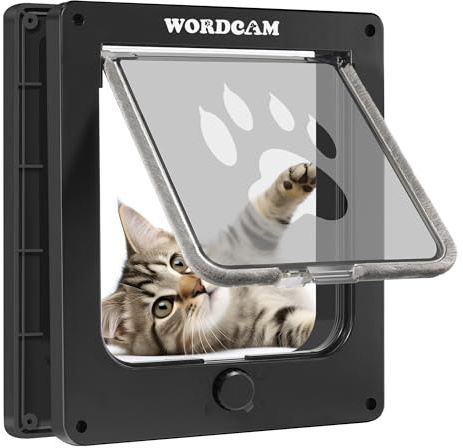 Wordcam Porta per gatti media, 4 vie, per interni ed esterni, per gatti, gattini, cagnolini, robusta, resistente alle intemperie (nero, M)