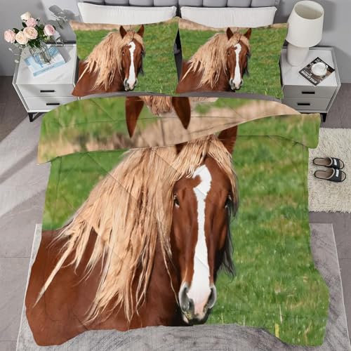 buyluhn Bettdecke 240x260 Braun Pferd Ohne Bezug Nutzbar, 4 Jahreszeiten Bettdecken Tier Große Steppdecke Ganzjahresdecke, Waschbar Bettzeug mit 2 Kissenbezug für Sommer Winter Doppelbett