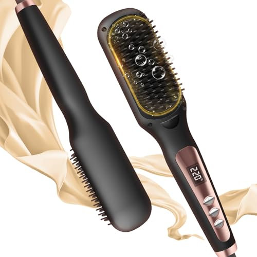 Hair Straightener Brush, Jooayou Fast Heating Hair Straightening Brush for Women, Ionic Portable Hot Brush Heated Styling Hairbrush with 6 Temp Settings for Smooth Frizz-Free Hair Styling (Black)
