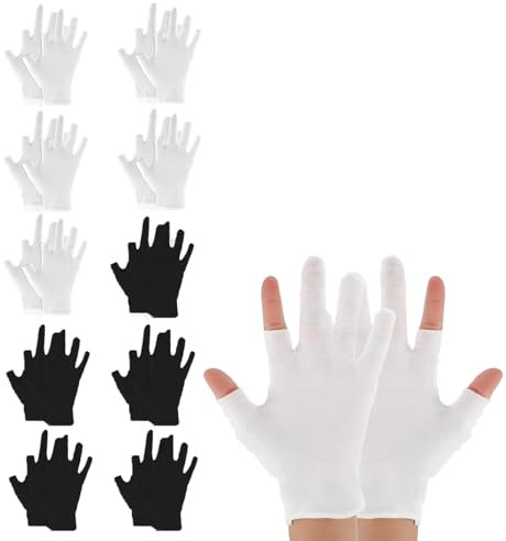 10 Pairs Cotton Fingerless Gloves Moisturizing Eczema Gloves Hand Covers for Eczema Touchscreen Gloves for Eczema Suitable for Men and Women Repairs Rough Cracked Dry Hand Skin(White Black)