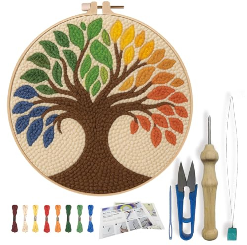 FREEBLOSS Lebensbaum Punch Needle Set Für Anfänger Stick Punch Needle Starter Bastelset Mit Anleitung Stickrahmen Für Erwachsene Geschenkdekoration 7.9
