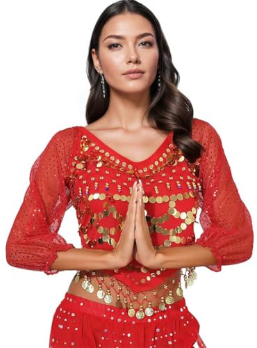 Women's Belly Dance Costumes Chiffon Long Sleeve Top with Beaded Glitter Circle Coins Tassels (US, Alpha, One Size, Regular, Regular, Red)