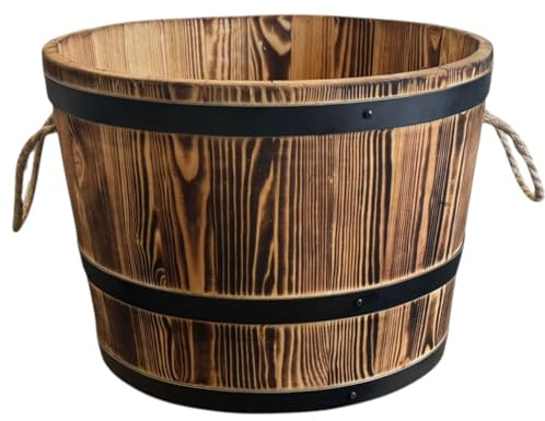 WEECO Maceta grande de madera de 50 x 40 cm. Maceta de madera de aliso con anillos de metal. Para el salón o la terraza. Macetero grande de un barril de madera de 1/2. Color wengué. Peso 10 kg