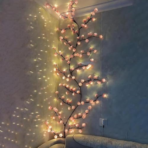 Pink Tree Lamp Lighted Artificial Blossom Flower Bonsai Flower Lights Remote Control Dimming Function Timer Function Flower Lights Decorative Desk Lamp Windowsill B, Multi-coloured, 5 cm