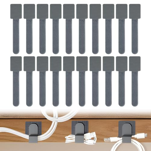 Kabelmanagement Unter dem Schreibtisch 20PCS, Kabelhalter Selbstklebend Verstellbarer Langer Kabelbinder Wiederverwendbarer Kabelclip-Versteck Klettkabelbinder Selbstklebend (Grau)
