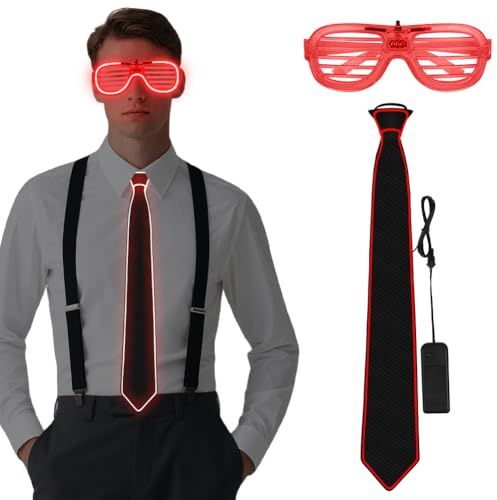 Alaoo Lot de 3 bretelles et nœud papillon lumineux à LED pour homme, Lunettes LED pour Fête Glowing Set pour Fête de Noël Anniversaire Carnaval Rave Soirée Disco Festival Fête Décorations