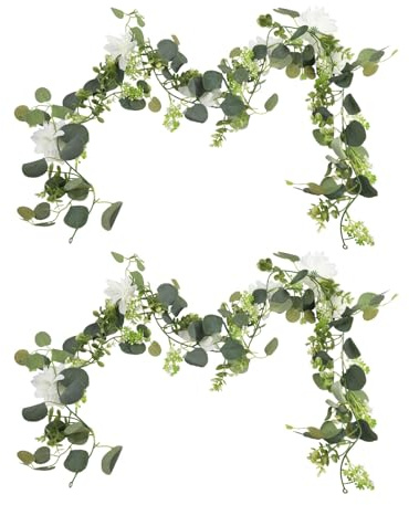 MoSundi Elegante weiße Dahlie und Eukalyptus-Girlande, 2 Stück, 3,6 m, Seidenblumenranke für Hochzeit und Heimdekoration