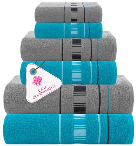 Casa Copenhagen 6-teiliges Badehandtuch-Geschenkset, 600 g/m²,Graues Türkis | X-line 100 % ägyptische Baumwolle – 2 Badetücher, 2 Handtücher, 2 Waschhandschuhe (Geschenkset für Damen & Herren)