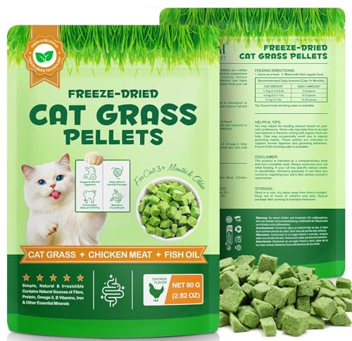 Cat Grass Treats for Indoor Cats, Cat Dental Treats for Teeth Cleaning & Hairball Support, Chicken & Fish Oil,Freeze-dried texture, can be broken into pieces for consumption