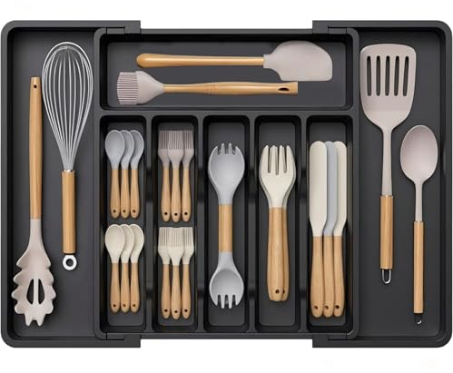 Humbaura Extendable Cutlery Drawer Organiser, Adjustable Cutlery Tray with 8 Compartments, Kitchen Storage Divider for Forks Spoons Knives, Durable Plastic Cutlery Organiser, Space Saving (Black)