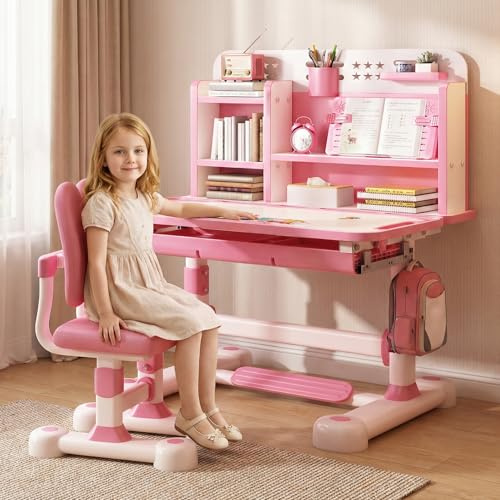 Ergonomischer Kinderschreibtisch Mit Stuhl, Höhenverstellbares Schreibtischstuhl Set Für Kinder, 80 cm Arbeitsfläche Mit Sitzkorrektor, Schublade Bücherständer Und Rucksackhaken Für Lernen (Rosa)