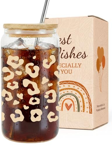 VivaJoy Gifts for Women Leopard Print Soda Can Glass with Bamboo Lid Straw, Reusable Cup for Iced Coffee Juice Smoothies Cocktails, Cute Drinkware Present for Her