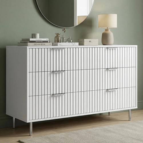 Blisswood Fluted 6 Drawer Chest of Drawers, Wide Painted Bedroom Storage Unit, Modern Wooden Dresser with Smooth Silent Glide Drawers and Large Top Surface for Living Room, Hallway & Entryway_White