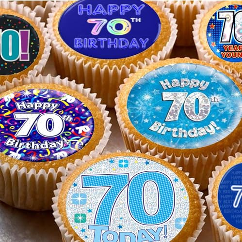 24 edible 70th birthday party blue Cupcake Cake Toppers Wafer Rice Paper precut decoration