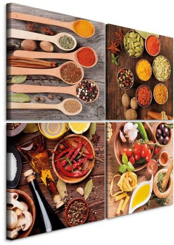 murando - Wandbilder XXL Set Küche 80x80 cm 4 Teilig 40x40 Wand Deko Leinwand Bilder Groß Wanddeko Wohnzimmer Schlafzimmer Kunstdrucke - Gewürze Chilli Tomaten Küchen Küchendeko j-B-0034-b-i