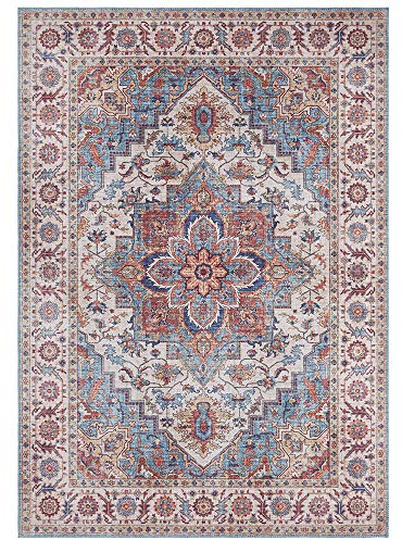 Nouristan Asmar Teppich – Wohnzimmerteppich Orient-Touch Detailiertes Muster Florales Kurflor Flachgewebe Teppich für Esszimmer, Wohnzimmer, Schlafzimmer – Blau, 80x200cm