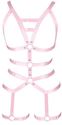 PETMHS Women's Punk Strap Hollow Out Body Chest Harness Lingerie Garter Belts Set Goth Halloween Rave Wear (Rosa)