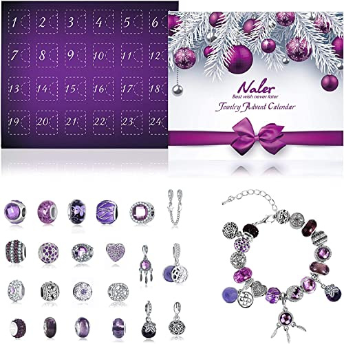 Naler 24-delad adventskalender berlocker hängen pärlor jul glaspärlor med halsband och armband dekoration för kvinnor och flickor