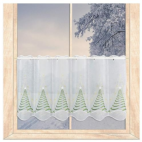 atelier alles-Spitze Moderner weißer Kurzstore Tannenduft | In Weiß-Grün-Gold bestickte halbtransparente Scheibengardine | Höhe x Breite 45 x 80 cm