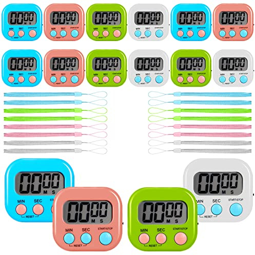 Flutesan 16 Pack Digital Classroom Timers with Lanyards - Color-Coded Countdown Timers for Teachers, Students & Kitchen Use - Loud Alarm, Easy Operation(White, Blue, Pink, Green)