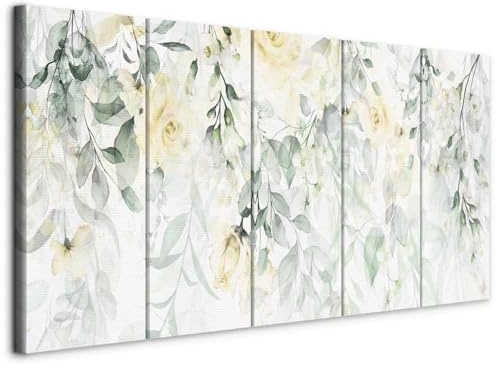 artgeist Acoustic Canvas Wall Art Flowers 59x24 in - 5pcs Picture with Acoustic Foam Sound Print Artwork Room Acoustics Soundproofing - Leaves Rose Nature rosa Green Plants Watercolor b-A-068-b-o