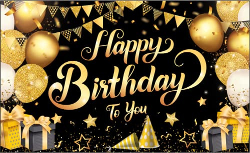 KatchOn, Schwarz Gold Happy Birthday Banner Geburtstagsdeko – XtraLarge, 180 x 110 CM | Happy Birthday Hintergrund Geburtstagsdekorationen, Happy Birthday Girlande, Schwarz Gold Geburtstagsbanner