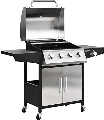 Gas BBQ Grill 4 Burner+Side Burner Stainless Steel, Side Table Shelves and waterproof Cover Cast Iron Cooking Outdoor Garden barbecue grill, with House|Regulator|600D cover, Black and Silver，14.5kw