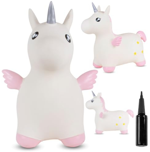 Sun Baby Animale gonfiabile che salta, giocattolo di 1 anno, saltarello per bambini, design ergonomico, cavallo giocattolo, pompa manuale inclusa (Unicorno bianco con ali)