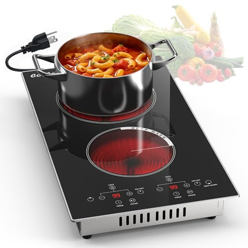 Cooksir 2 Burner Electric Cooktop - 110v Countertop and Built-in Electric Stove 2000W, 12 Inch Ceramic Stove with Residual Heat Indicator, Over-Temperature Protection, Knob Control, 110-120V Plug in