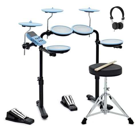 VISIONDRUM E-Drum Mesh-Elektronik-Schlagzeug Kinder und Erwachsene, Blau | 7-teiliges Mesh-Pad-Set, höhenverstellbar und klappbar, inkl. Kopfhörer für leises Üben, Hocker und Sticks
