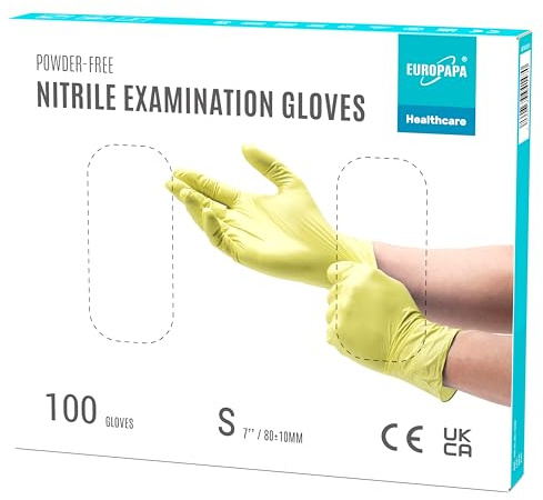 EUROPAPA® Lot de 100 gants jetables en nitrile - Non poudrés - Sans latex - Non stériles - Sans latex - Taille S - Jaune