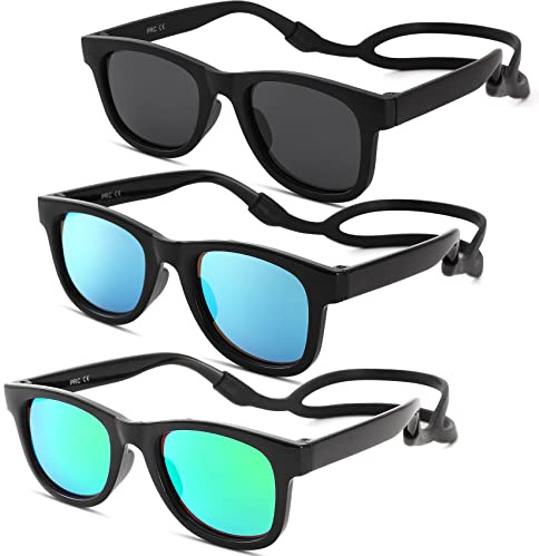 COASION 3 Pack Bendable Flexible Polarized Newborn Baby Sunglasses with Silicon Strap for Infant Boys Girls Age 0-12 Months (Black/Green Mirror + Black/Blue Mirror + Matte Black/Gray)