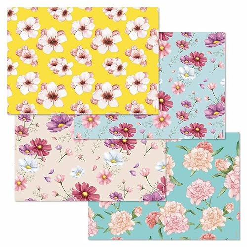 Set di tovagliette di carta Flowery, motivo floreale, 1 blocco da strappare con 48 fogli (4 sujets da 12 fogli), lunghezza 42 x 29,7 x altezza 0,8 cm