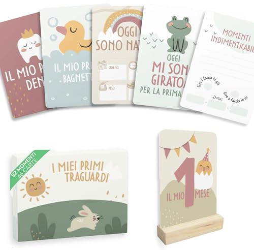 HuBorns - 46 Carte di Complimese Neonato per Ricordare i Momenti Speciali, Milestone Baby Cards con un Design Bellissimo per Tracciare le Tappe Importanti, Regalo Nascita Bimba e Bimbo (Italiano)