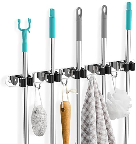 Cheerhom Broom Mop Holder Wall Mounted，Heavy Duty Broom Storage with 5 Slot 4 Hooks, Utility Room Storage Solutions for Broom Cupboard Kitchen Bathroom Garage and Garden Tool Organiser,
