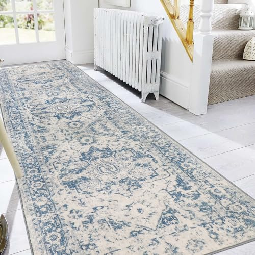 Famibay Tappeto Corridoio 80x300cm Antiscivolo Tappeti Runner Cucina Lavabile Passatoia Corridoio Lungo Blu Tappeto Passatoia Vintage Morbido per Cucina Lavanderia Ingresso