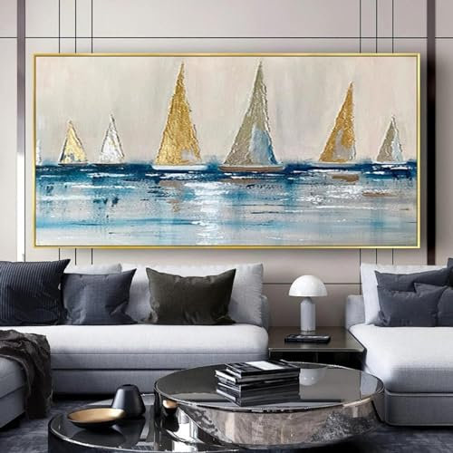 DHHXY Ölgemälde „Goldenes Segelboot“ auf Leinwand, Poster, modernes gelbes Segelboot und blauer Ozean, Wandkunst, Bild, Dekor, 80 x 160 cm, rahmenlos