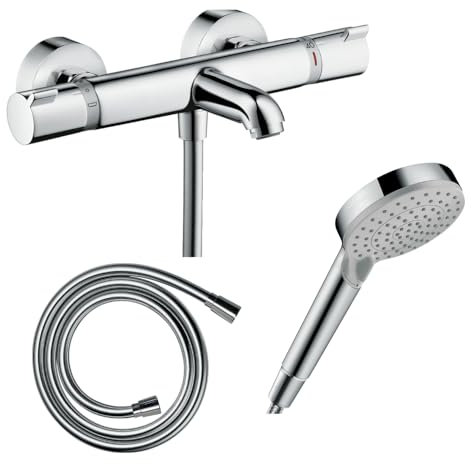 Hansgrohe Pack mitigeur Bain thermostatique Ecostat Comfort + Flexible Isiflex 1,6m + Pommeau Vernis Blend EcoSmart 2 Jets chromé