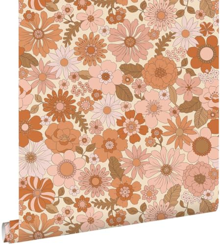 papier peint fleurs rétro rose terracotta et orange 53 cm x 10.05 m - ESTAhome