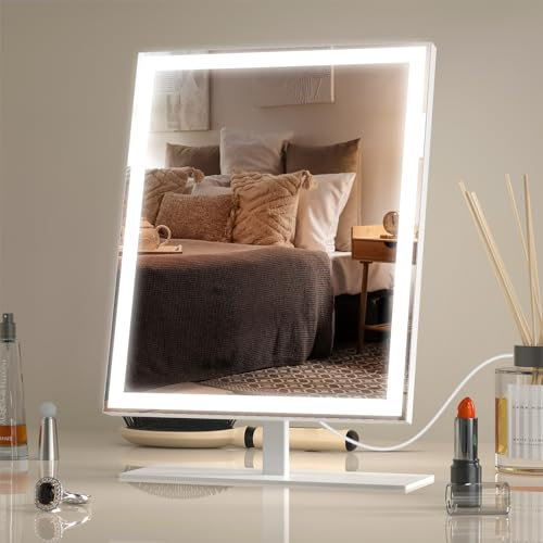 Amdelne Vanity Mirror, LED Makeup Mirror with Lights, Dimmable Light up Mirrors for Dressing Table, 3 Lighting Modes, 120° Rotatable, Touch Control, Easy to Clean, 25 x 34cm, White, Powered by USB-C