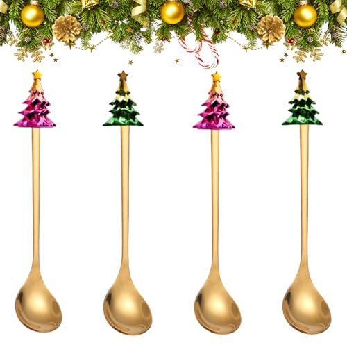 4 cucchiaini da caffè natalizi, in acciaio inossidabile, cucchiaini di Natale con delicato albero di Natale sfumato, cucchiaini da dessert di Natale, cucchiai da mescolare per tè, zuppe, caffè,