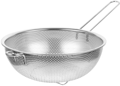 Stainless Steel Colander Basket with Single Handle Fine Mesh Sieve Heavy Duty Metal Strainer for Rice Washing Vegetable Rinsing Deep Spiral Sifter Pasta Fruit Seafood Kitchen Preparation