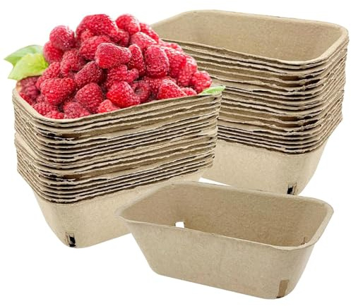 XIAOXIAOYU Lot de 50 corbeilles à fruits en fibre de cellulose, panier à baies en carton, panier à fraises en carton – Lot de 50 corbeilles à fruits et légumes ventilées en fibres de cellulose